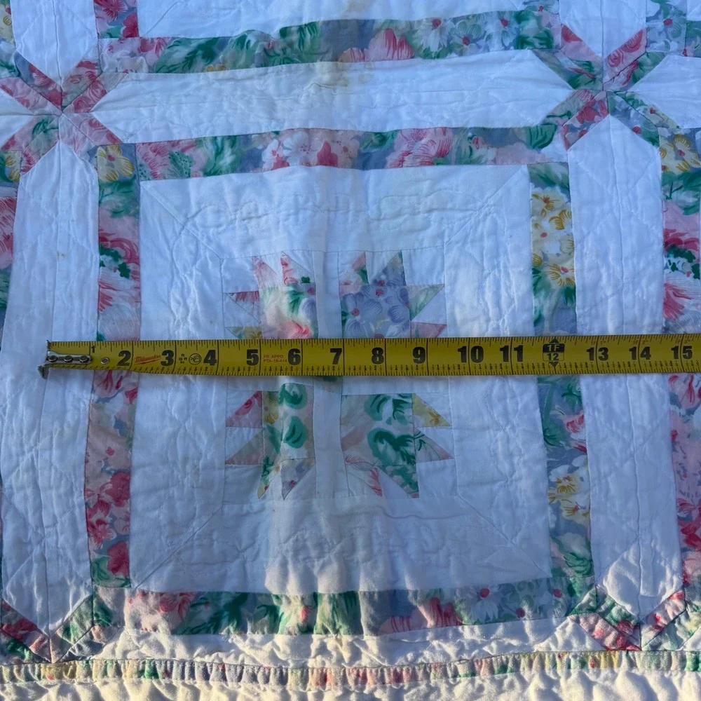 Vintage Handmade Patchwork Baby Quilt Floral Pastel White Crib Blanket 47x32